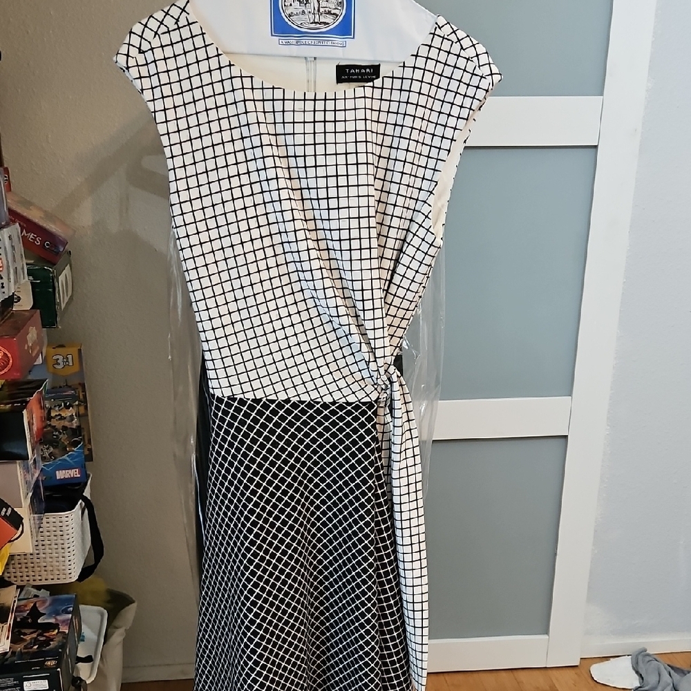 Tahari Black and White Ruched Wrap Sheath Dress